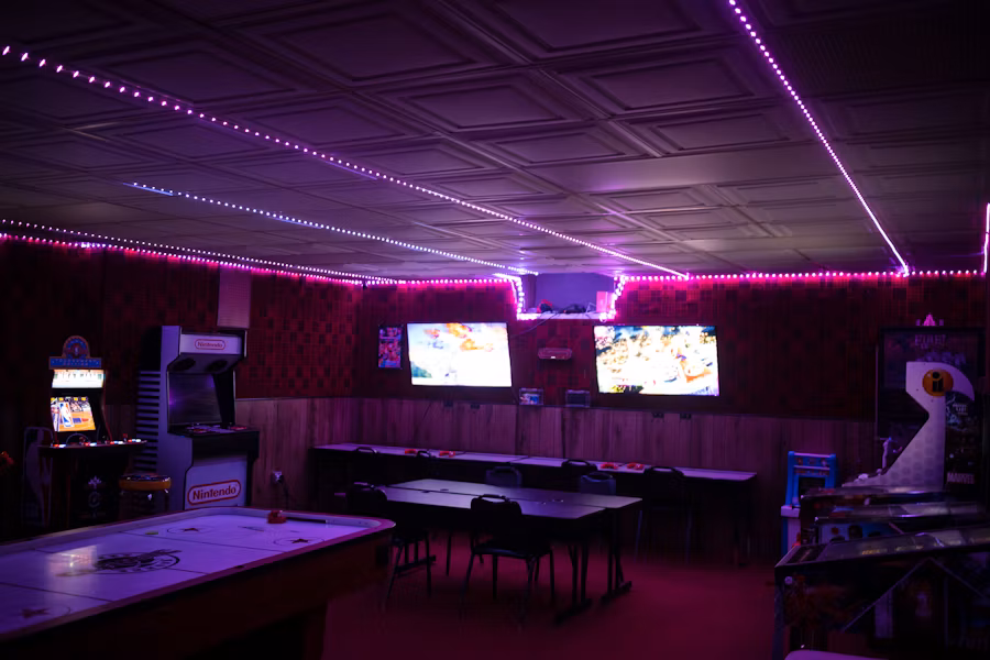 Elegant casino event lighting and decor setup